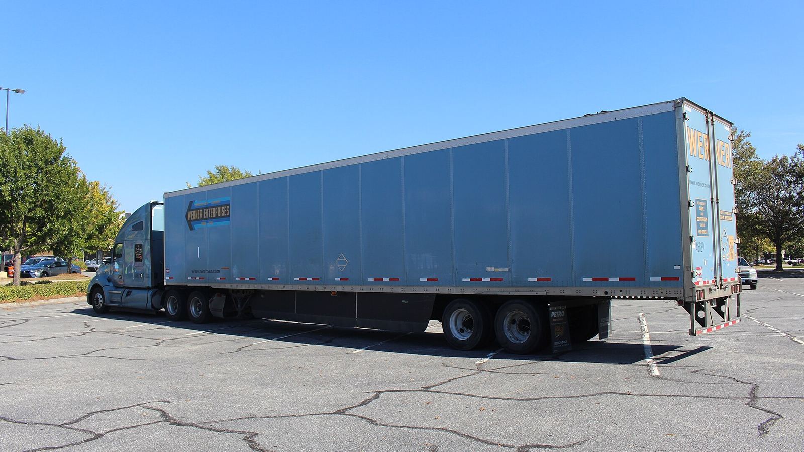 A Werner Enterprises tractor-trailer parked in a lot in Valdosta, Georgia.